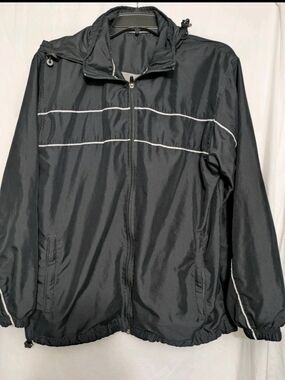Tek Gear Windbreaker Jacket Black Hooded Reflective Trim Lightweight Zip Up